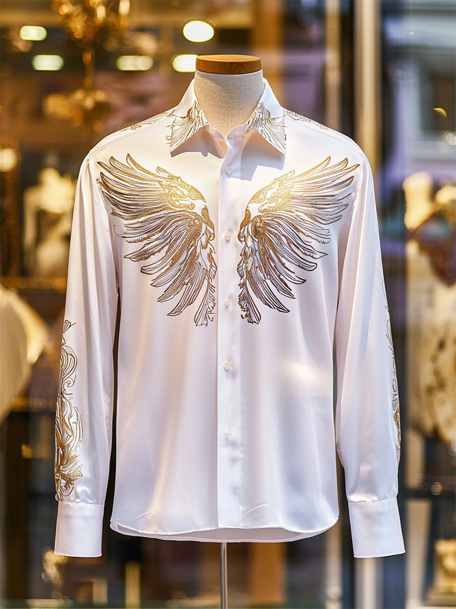 Camisa satén Luxe Wings de manga larga con botones para hombre