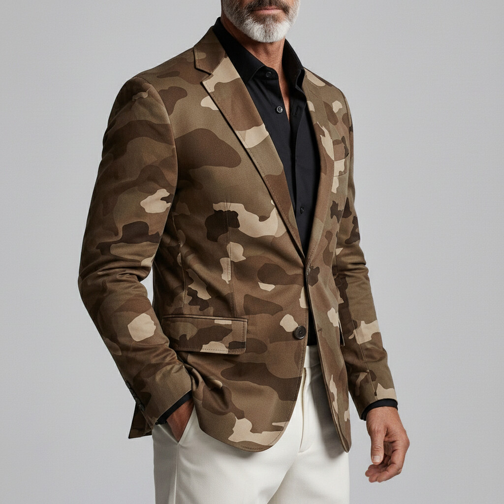 Saco retro Camouflage estampado Notched Lapel Two Button Slim de manga larga para hombre