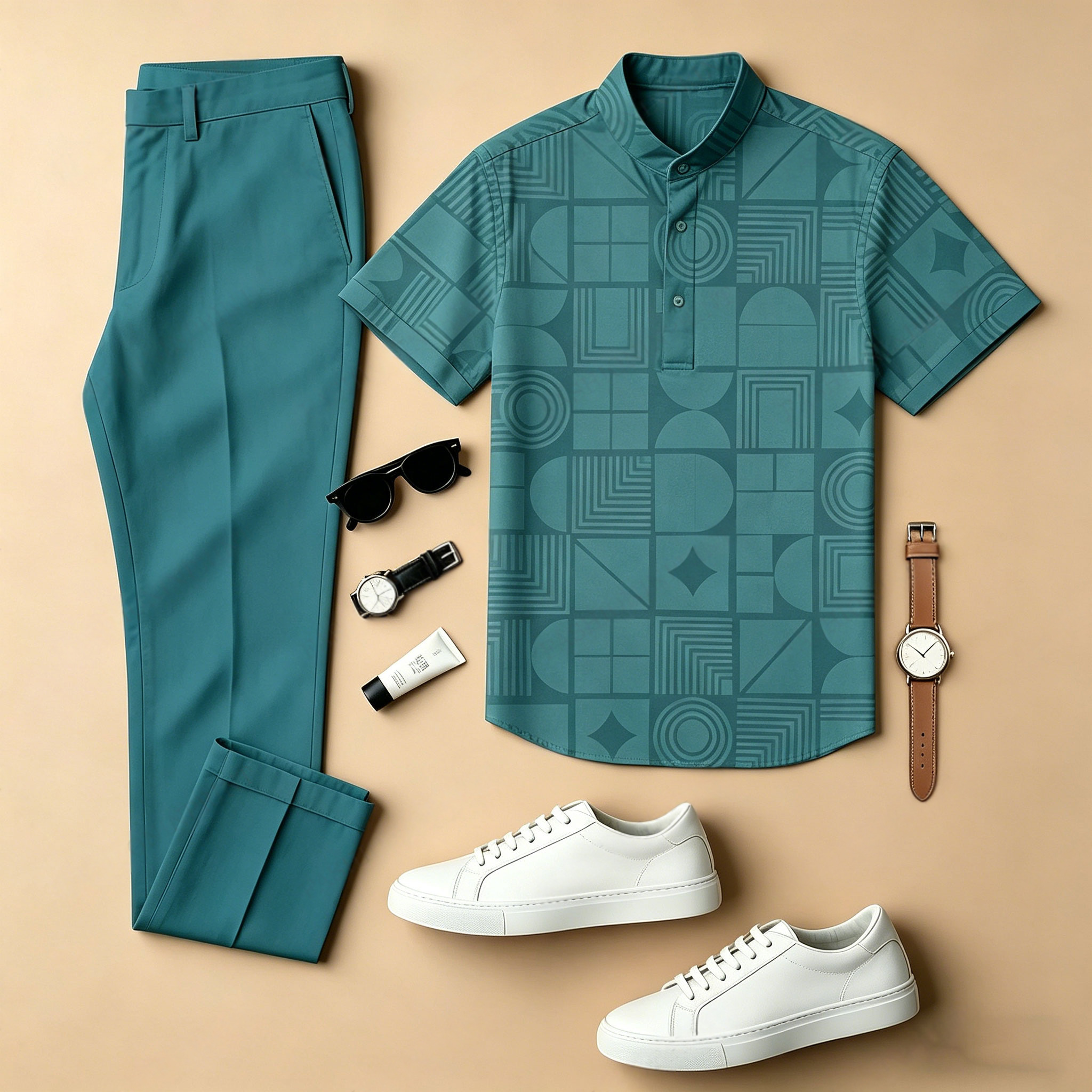 Conjunto de dos piezas casual Dark Green Geometric Color-Blocked estampado Crew Neck de manga corta camisa And Trousers para hombre