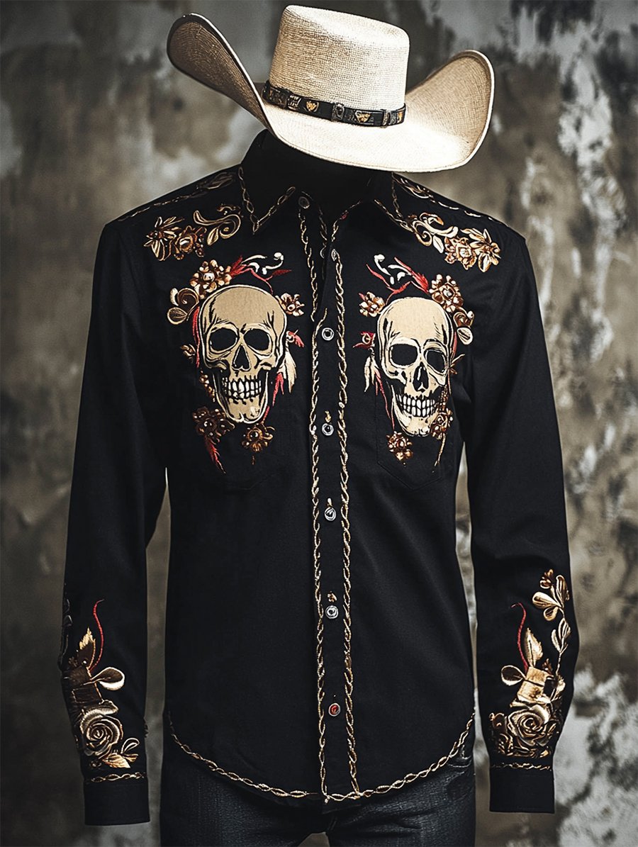 Camisa retro casual Skull estampado de manga larga para hombre