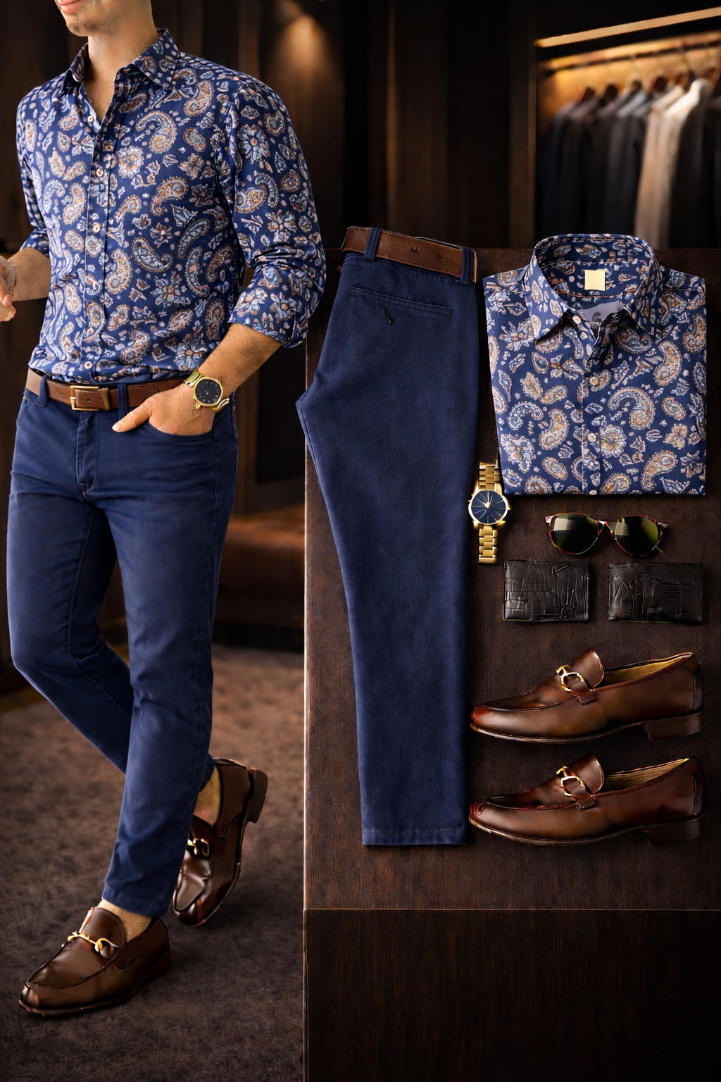 Conjunto de dos piezas casual Royal Blue estampado de manga larga camisa And Trousers para hombre