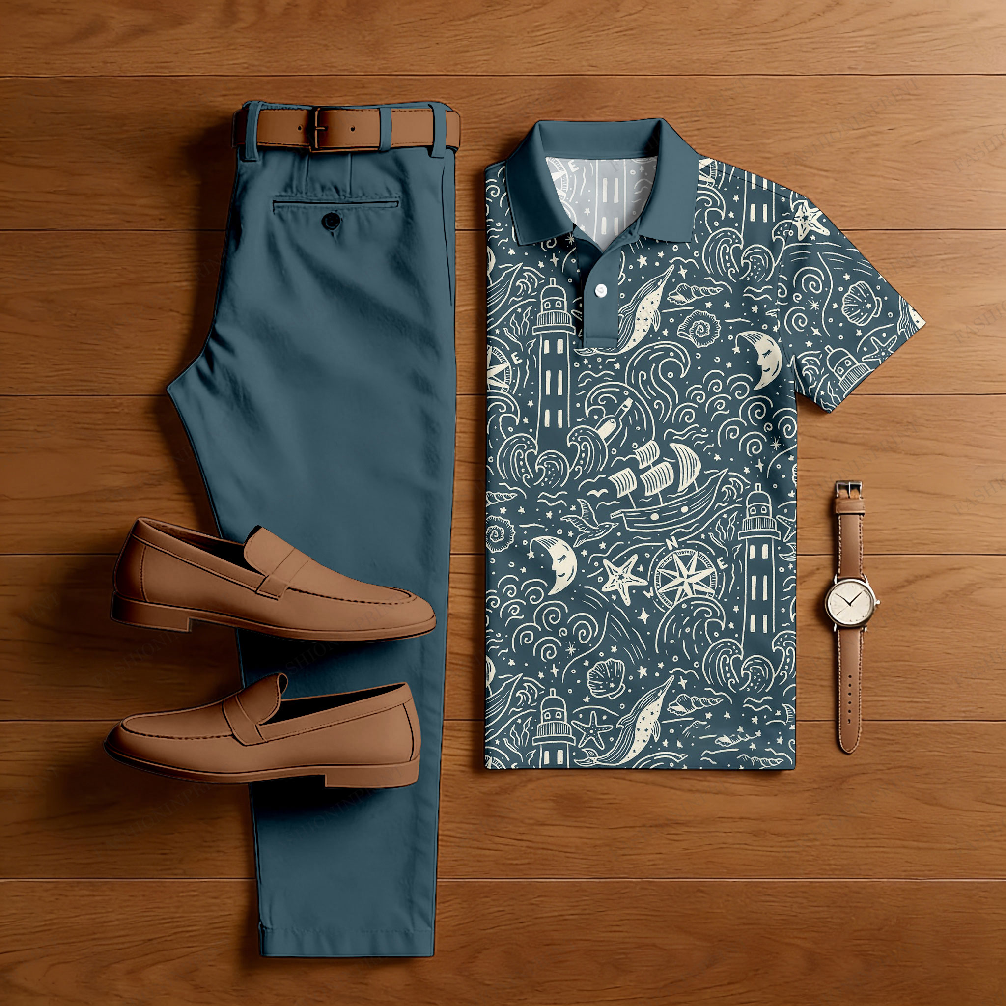 Conjunto de dos piezas casual Moon estampado camisa polo And pantalón para hombre