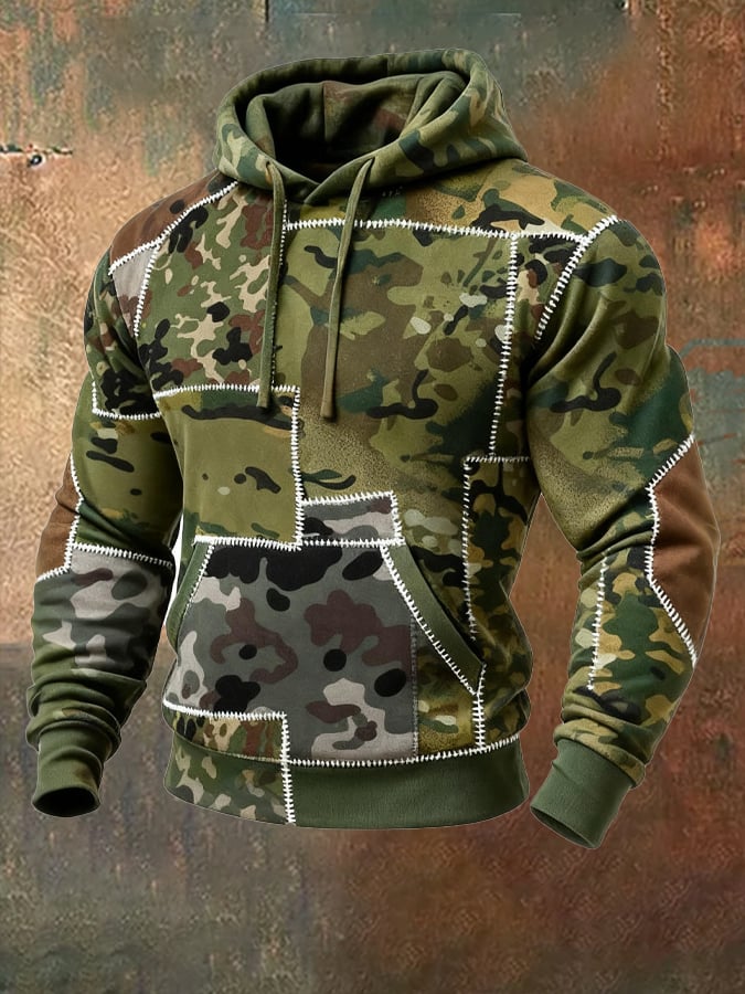 Sudadera retro desgastado en bloques de color camuflaje estampado casual de manga larga para hombre