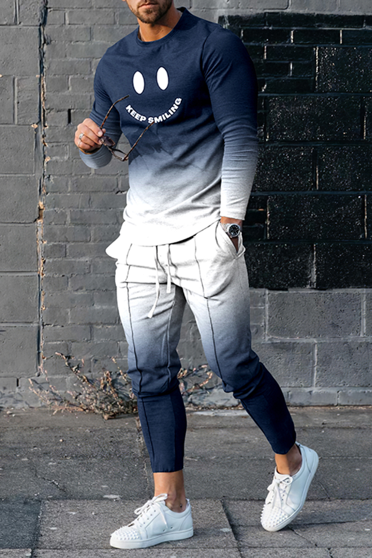 Conjunto de dos piezas Blue And White Smiley camiseta And pantalón