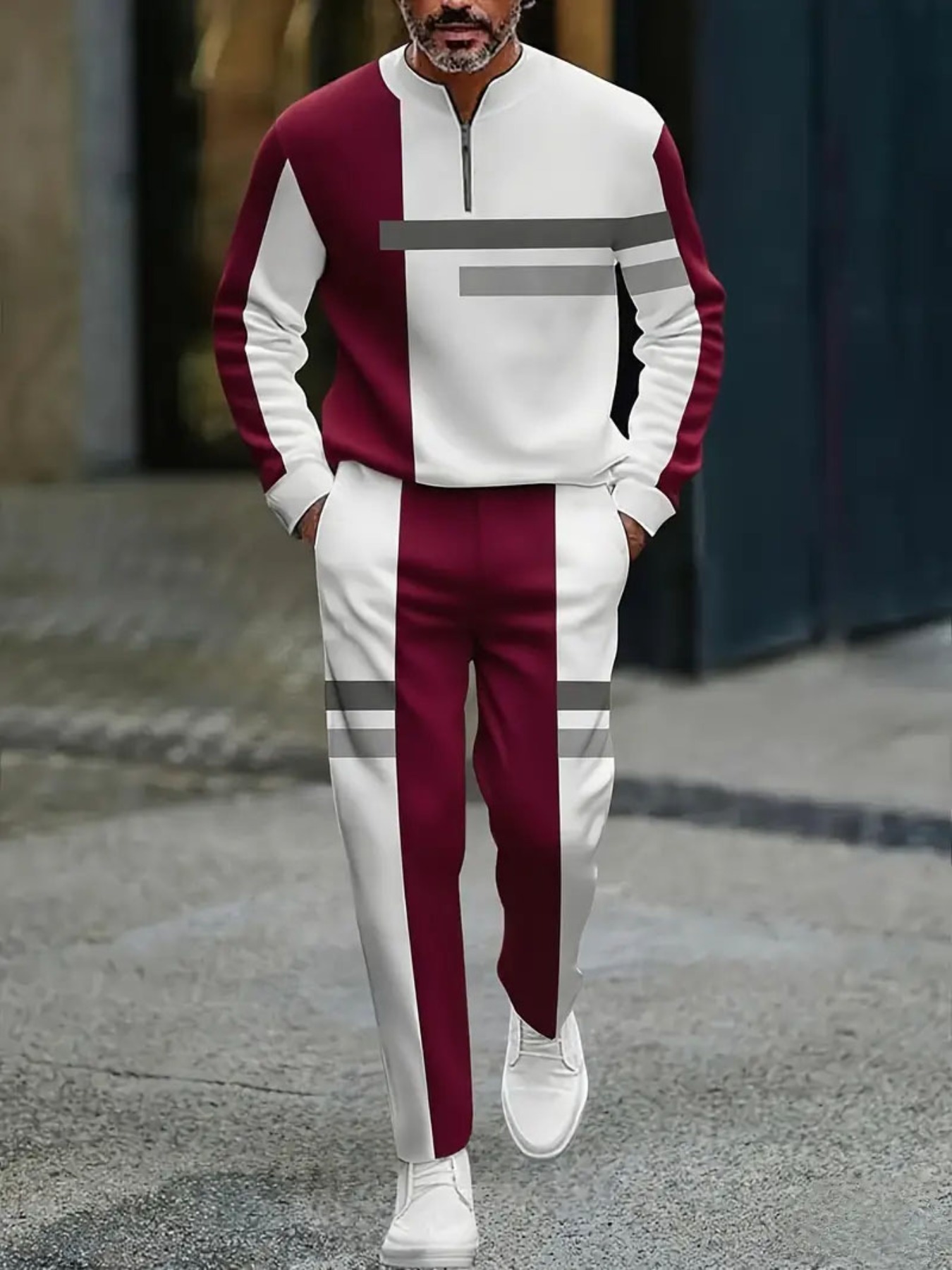 Conjunto de dos piezas casual Hot Red & White Color Matching Geometric estampado Round-Neck Zipper de manga larga sudadera & Trousers para hombre