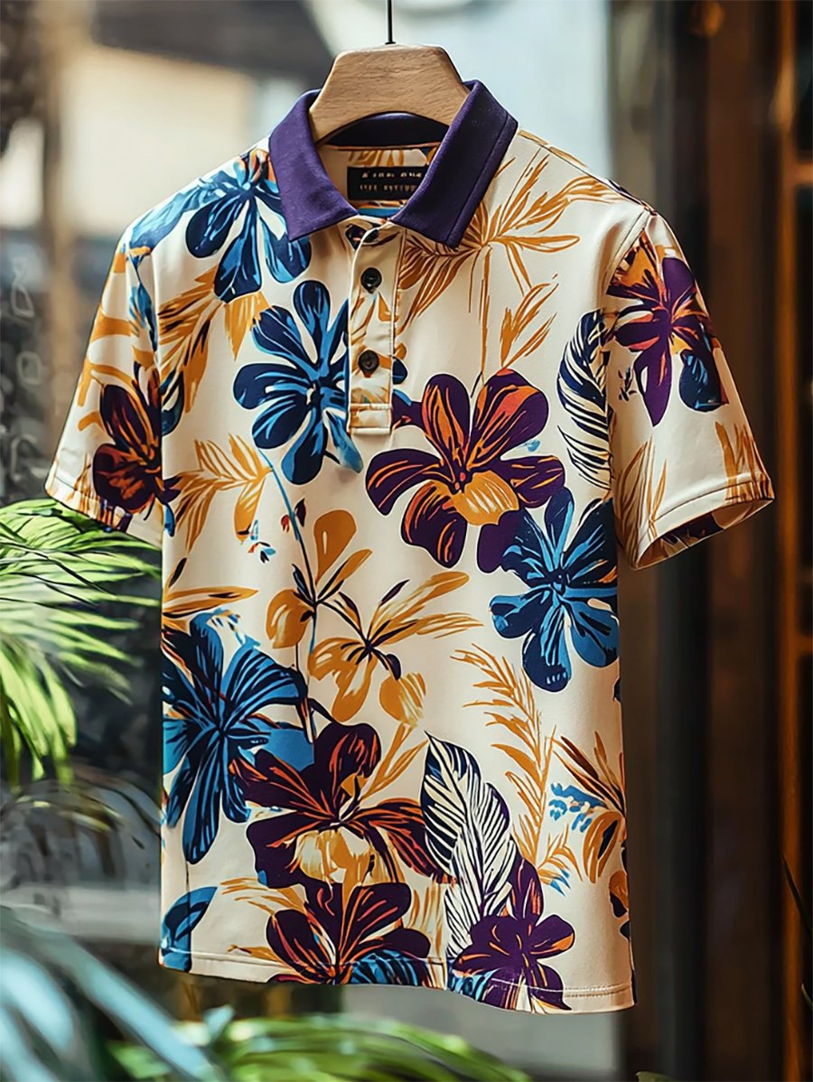 Camisa polo casual Festive floral estampado Button de manga corta para hombre