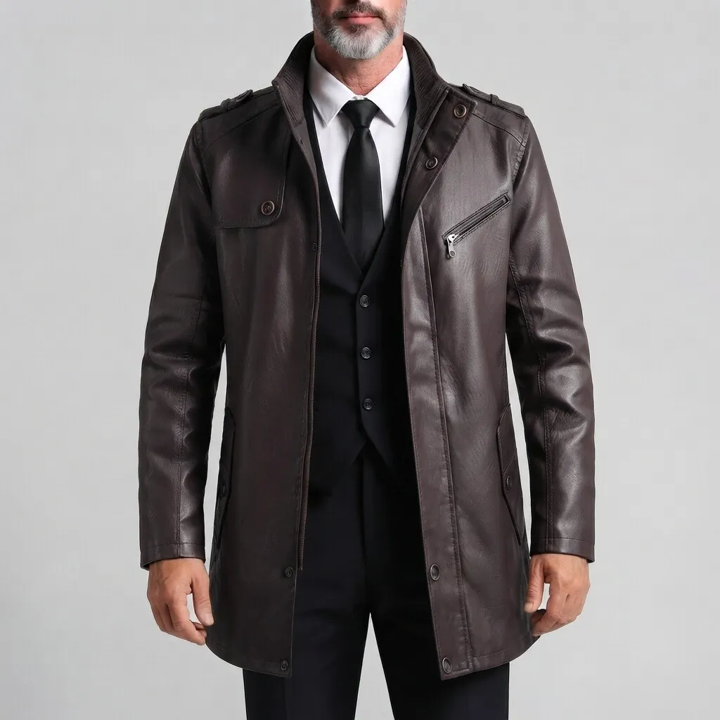 para hombre vintage Stand Collar de corte entallado Zipper Mid-Length PU Leather chaqueta