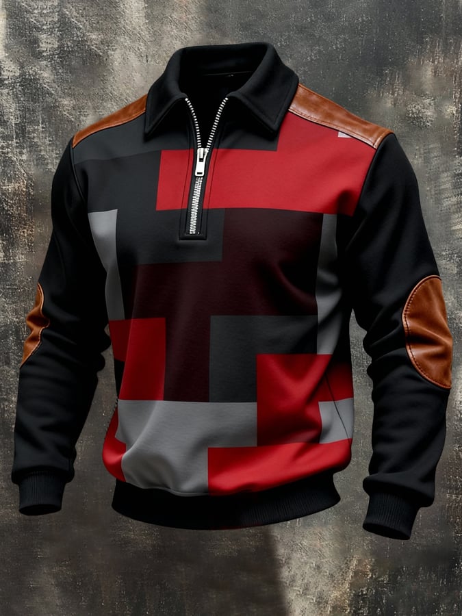Sudadera vintage Color-Block estampado con cierre para hombre