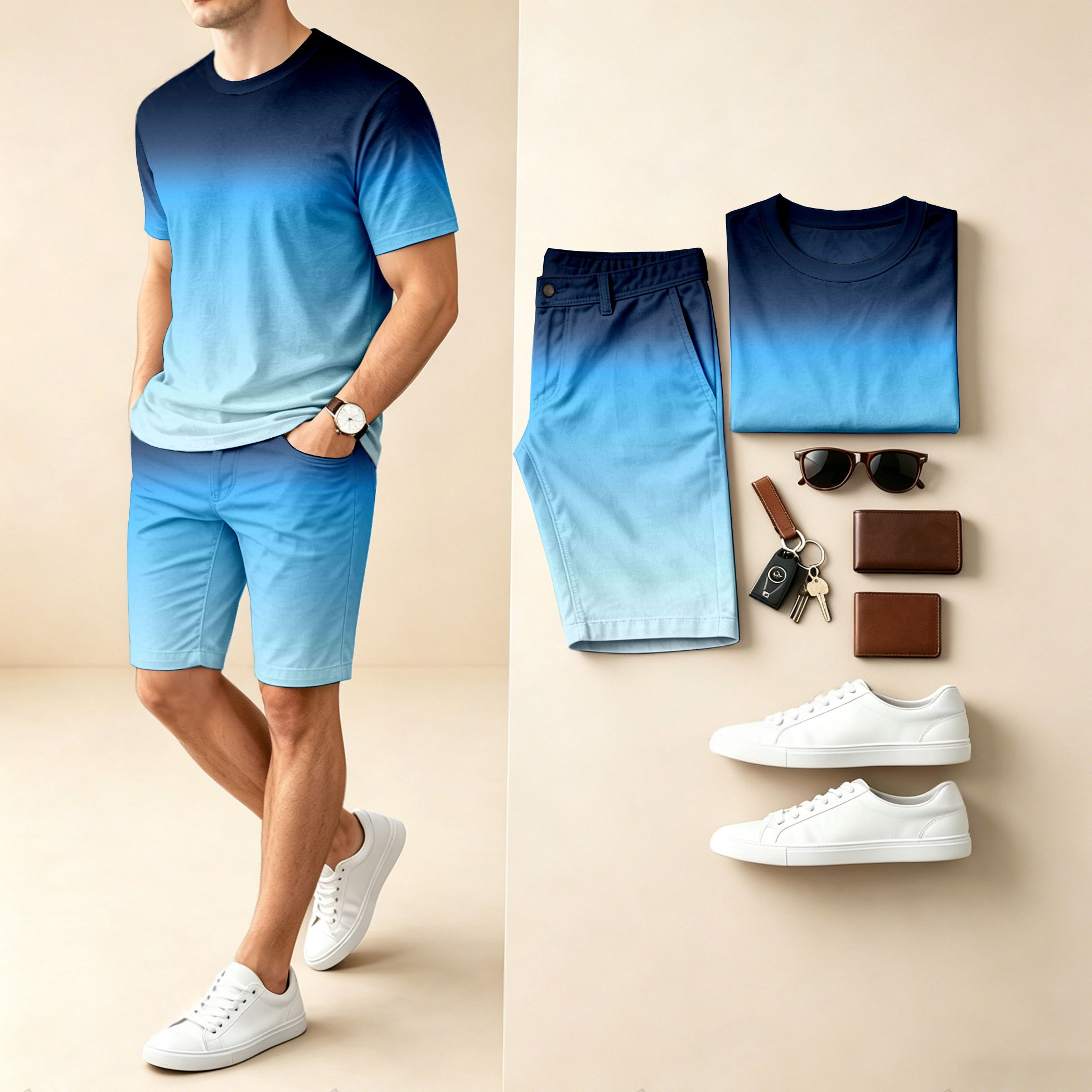 Conjunto de dos piezas casual Gradient-estampado Round-Neck de manga corta camiseta And shorts para hombre