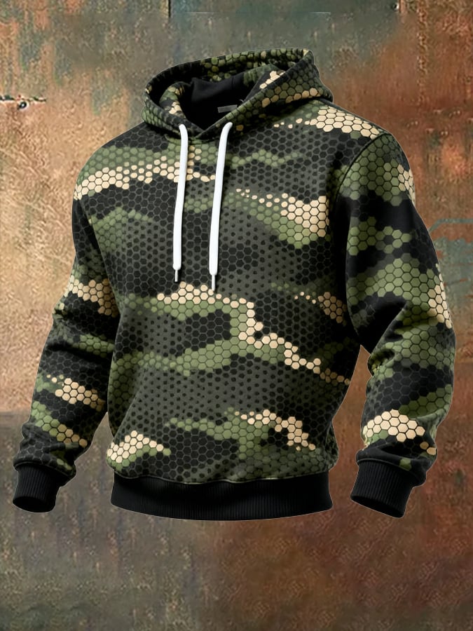 Sudadera retro desgastado en bloques de color camuflaje estampado casual de manga larga para hombre