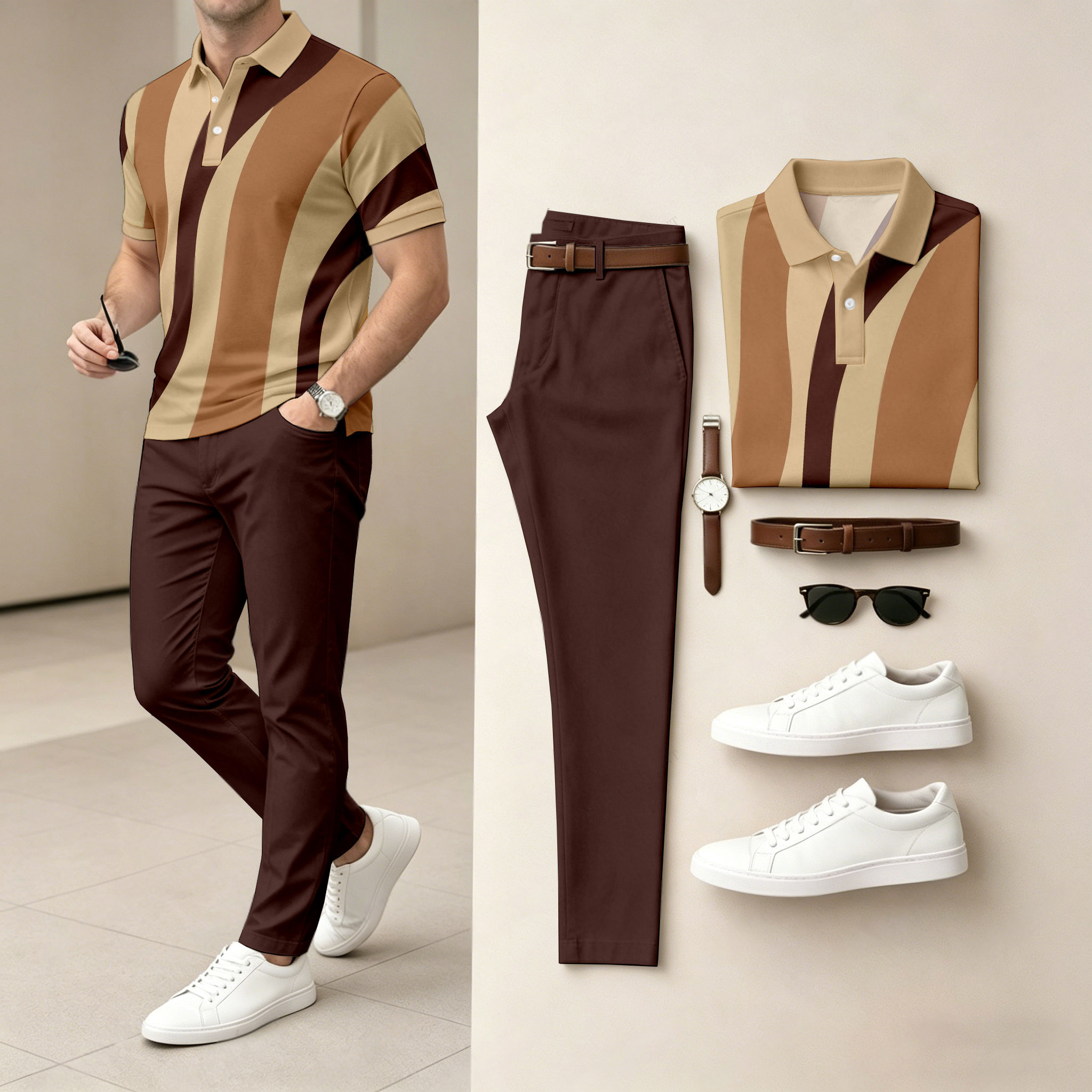 Conjunto de dos piezas casual Two-Color Geometry estampado camisa polo And pantalón para hombre