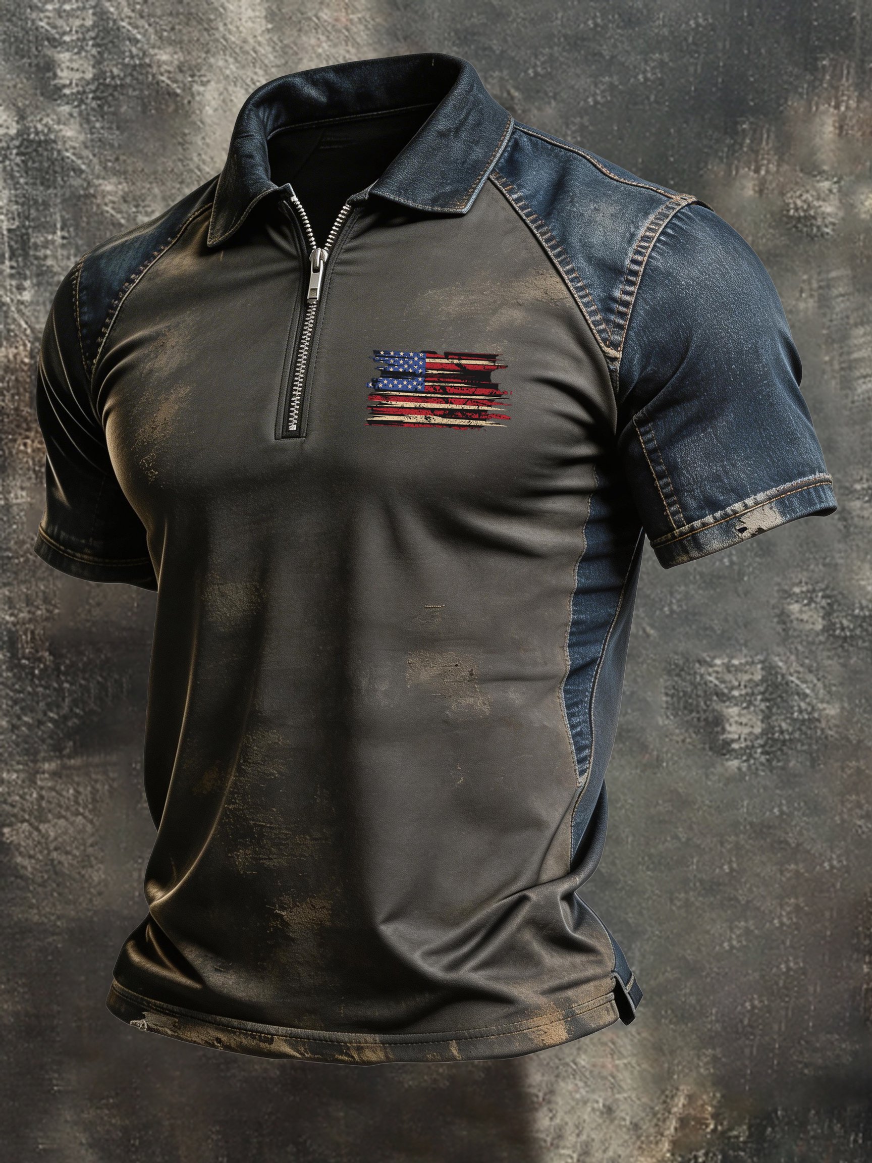 Camisa polo retro "Patriot" Color-Block de manga corta Half-Zip para hombre