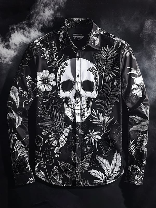 Camisa para exterior vintage Skull and floral de manga larga para hombre