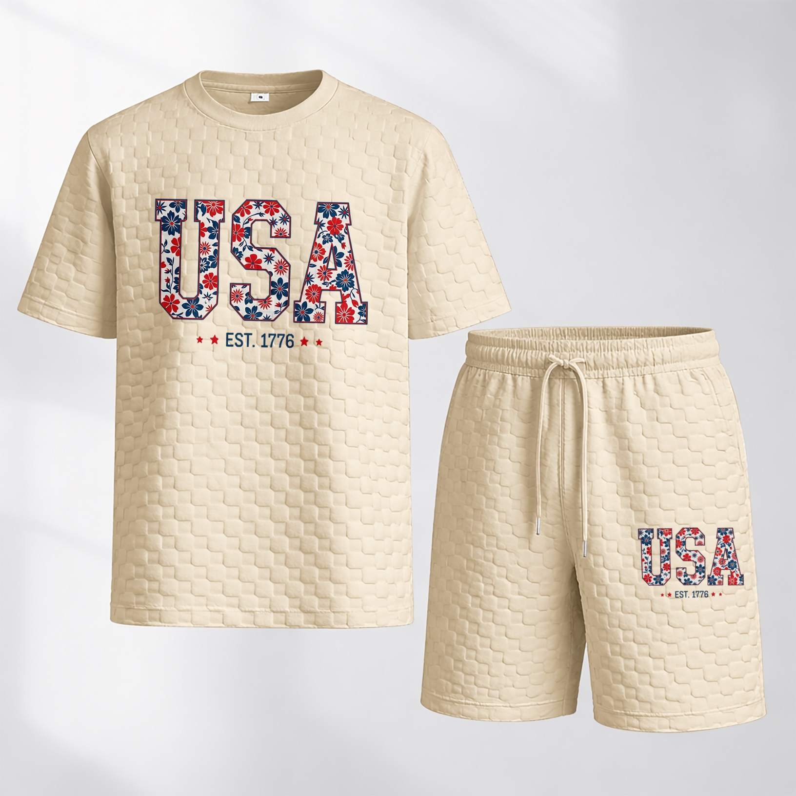 Camisa Spring/Summer USA-estampado a cuadros Drawstring shorts Set—A casual summer outfit featuring a de manga corta and shorts, ideal for both everyday wear and athletic activities para hombre