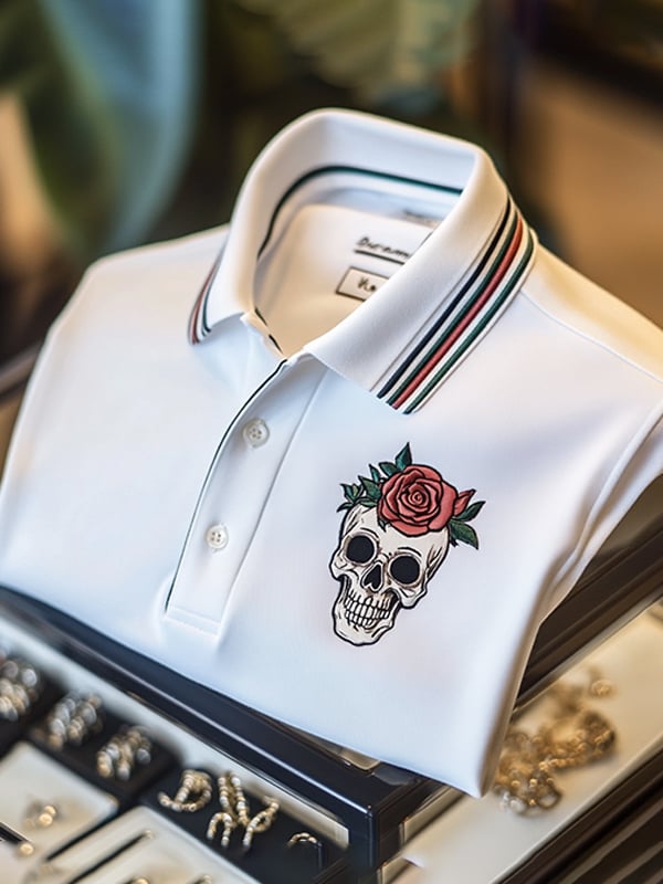 Camisa polo ejecutivo casual Skull estampado con botones para hombre