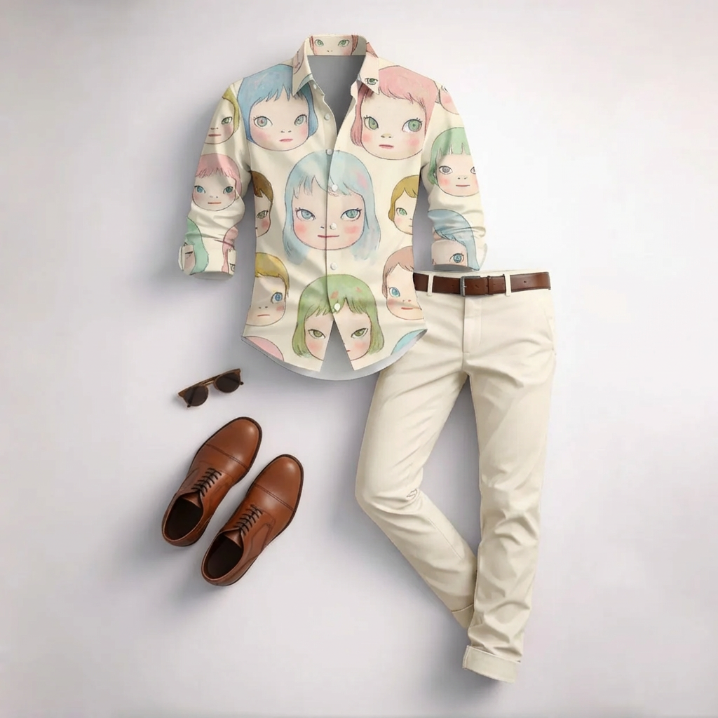 Conjunto de dos piezas casual Apricot-Colored Baby Face estampado de manga larga camisa And Trousers para hombre