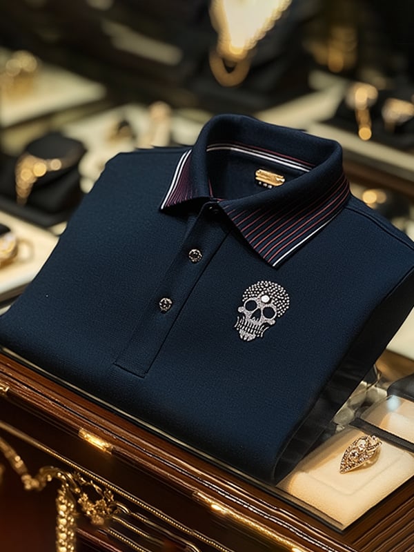 Camisa polo ejecutivo casual Skull estampado con botones para hombre