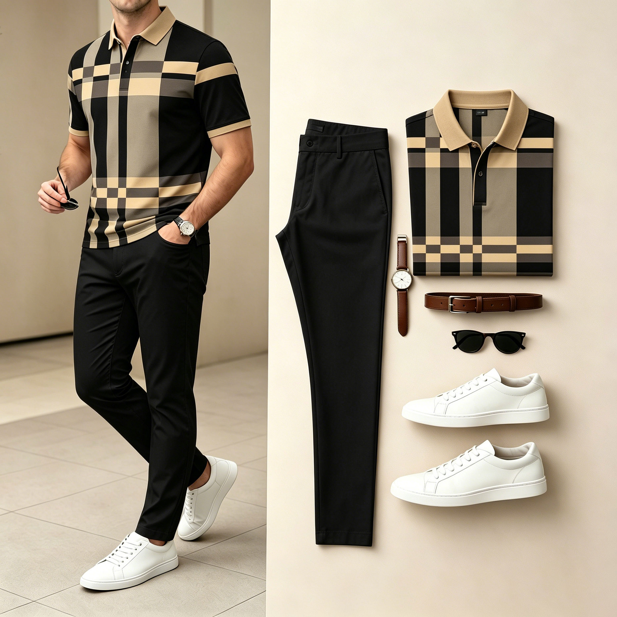 Conjunto de dos piezas casual Khaki & Black Color Matching Color Matching de manga cortas camisa polo & pantalón para hombre