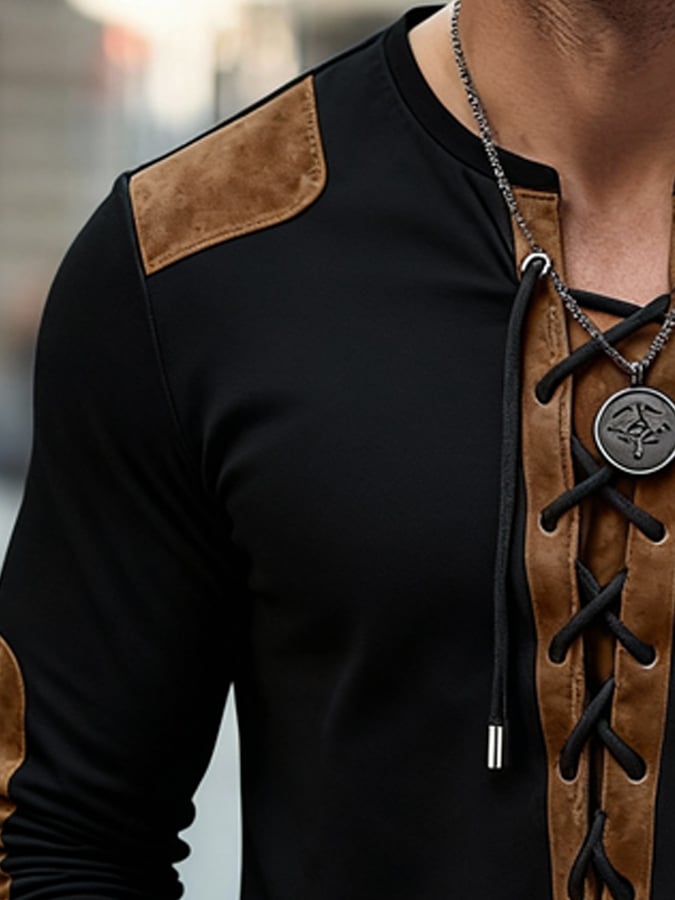 Camiseta vintage gamuza Patchpara trabajo with Tie-Neck Detail para hombre
