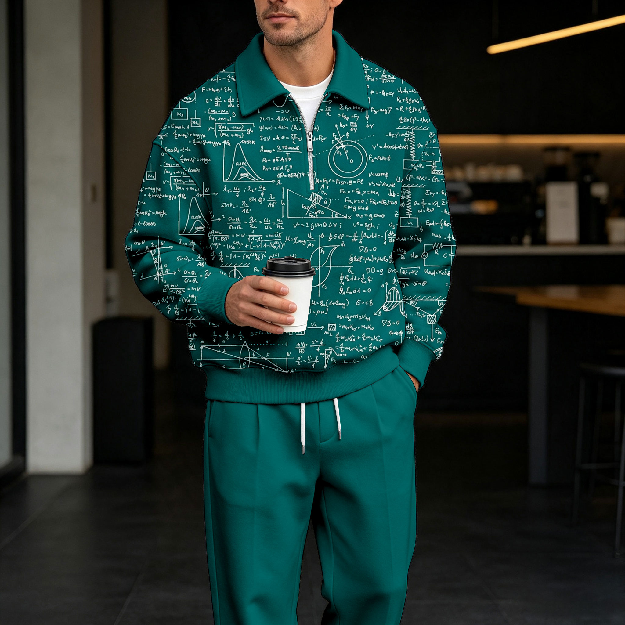 para hombre Graphic Print Zipper camisa polo and pantalón Set