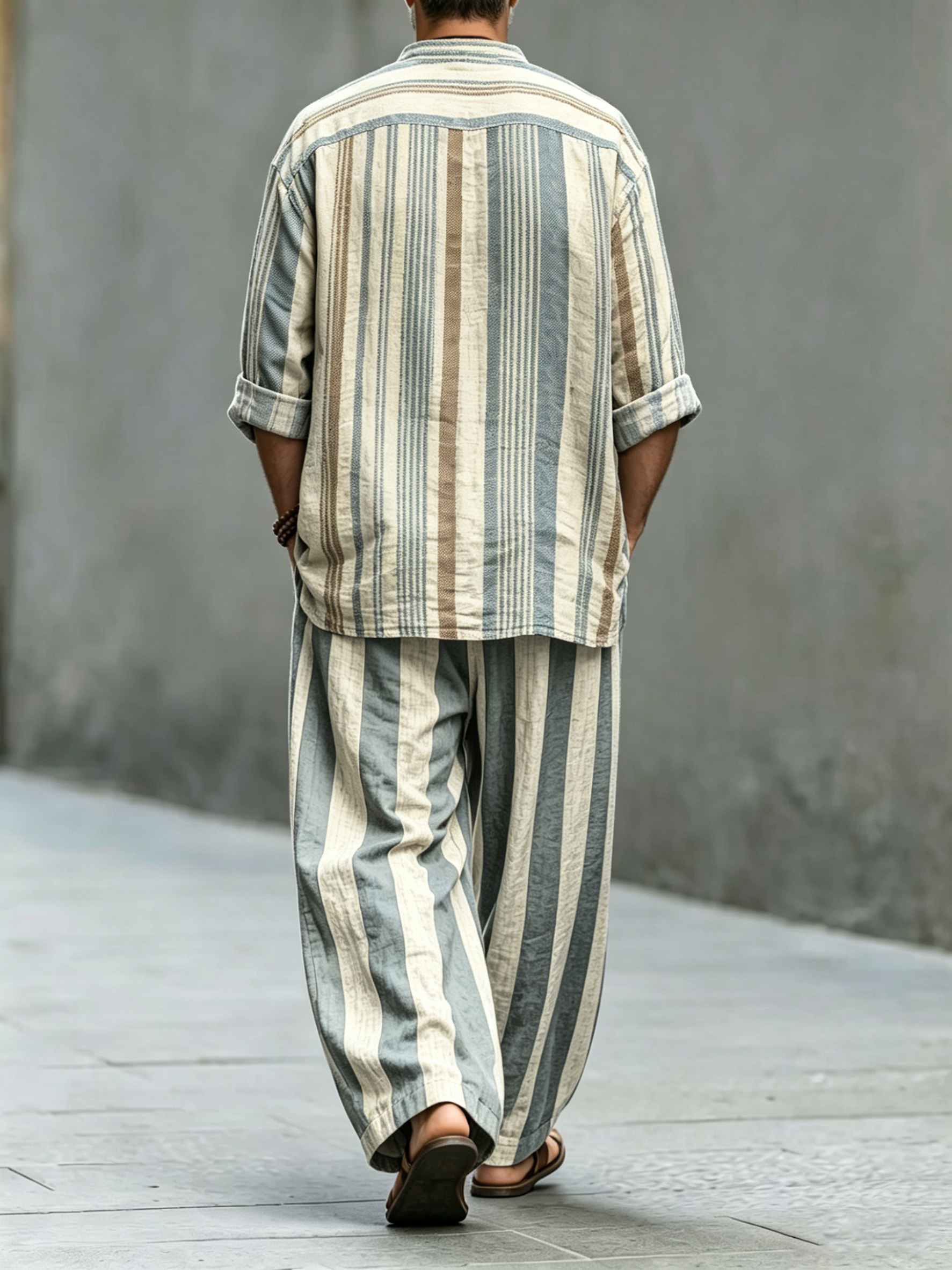 para hombre retro Stripes Art Print de algodón camisa Set