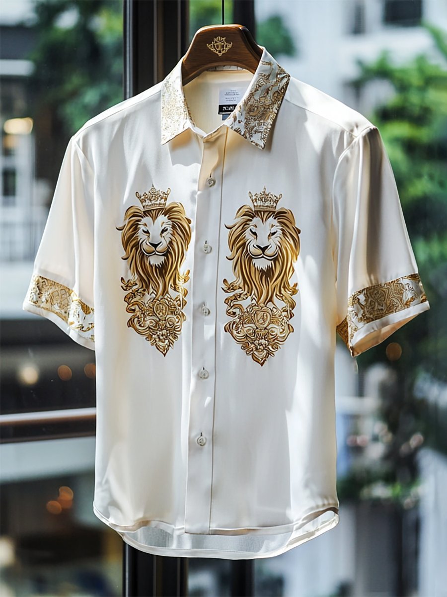 Camisa satén Luxe Lion estampado de manga corta Button para hombre
