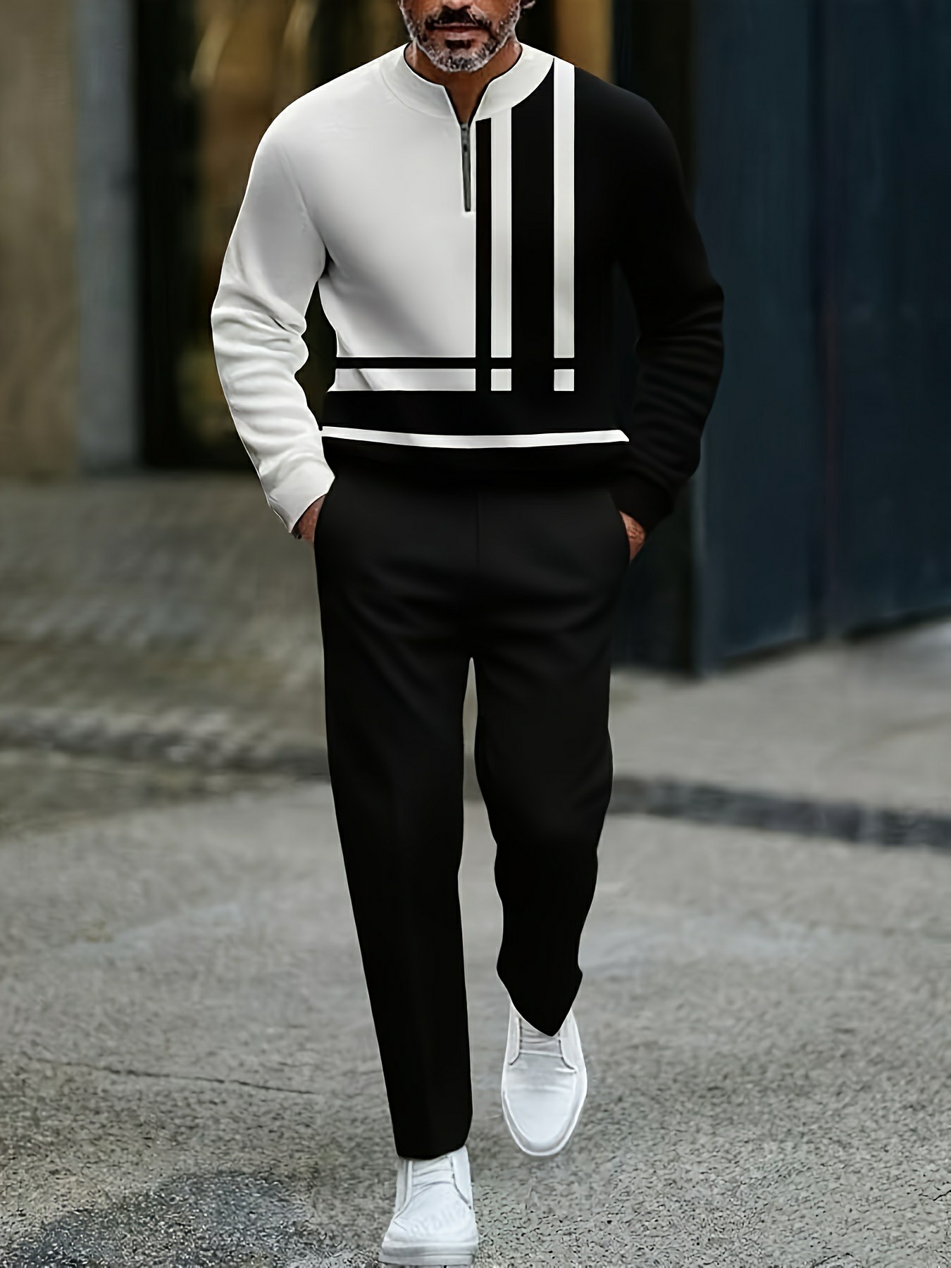 Conjunto de dos piezas casual Black & White Color Matching a rayas estampado Round-Neck Zipper de manga larga Trousers para hombre