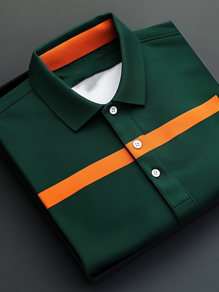 Camisa polo ejecutivo casual Green Orange en bloques de color Button de manga corta para hombre