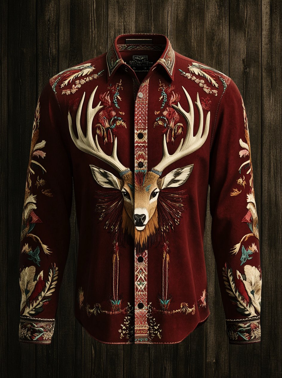 Camisa Western vintage Indian Totem estampado de manga larga para hombre