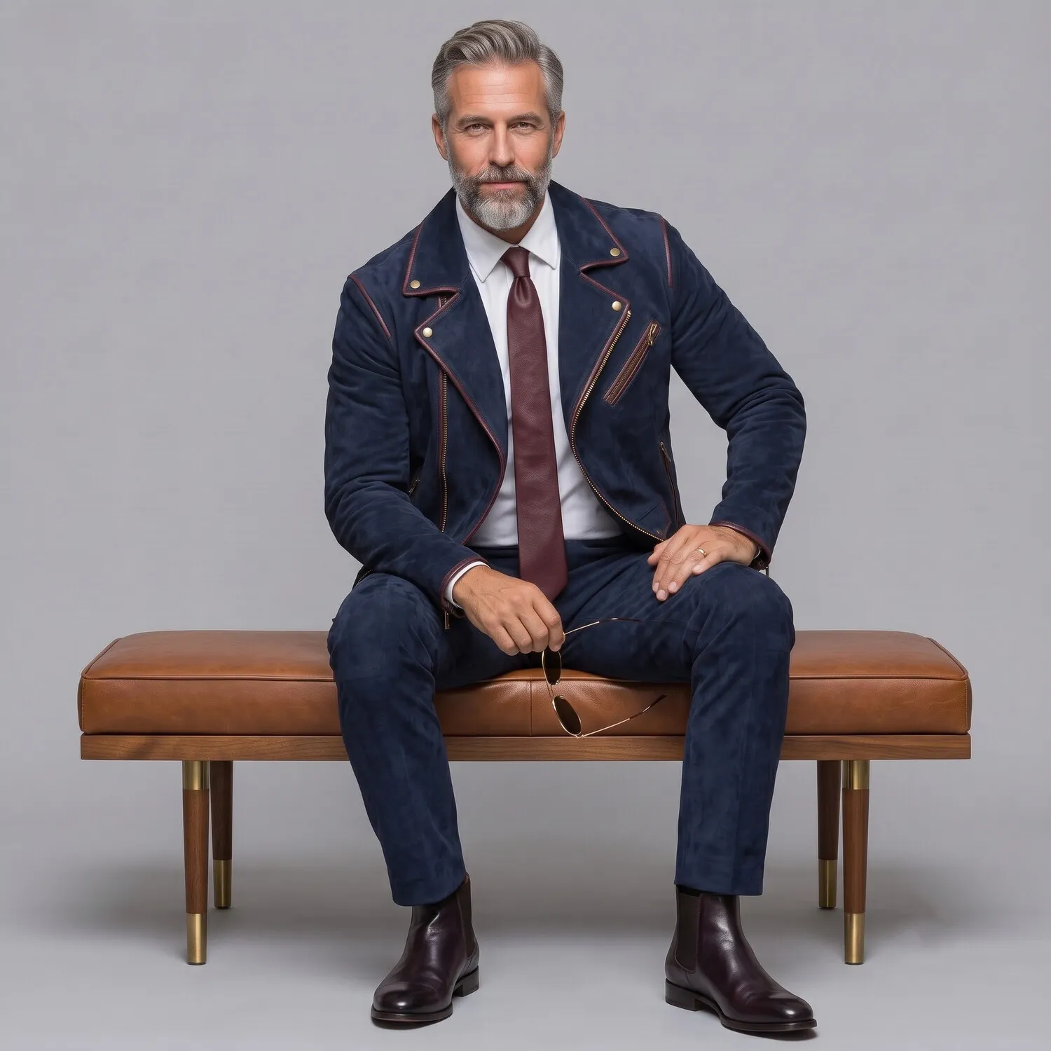 para hombre clásico Navy Blue Suede Contrast Piping Asymmetrical Zipper de corte entallado chaqueta