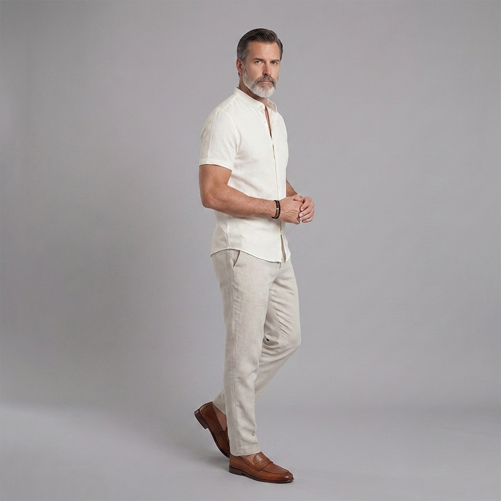 Camisa de manga corta with Stand-Up Collar: Lightweight, transpirable, and Textured para hombre
