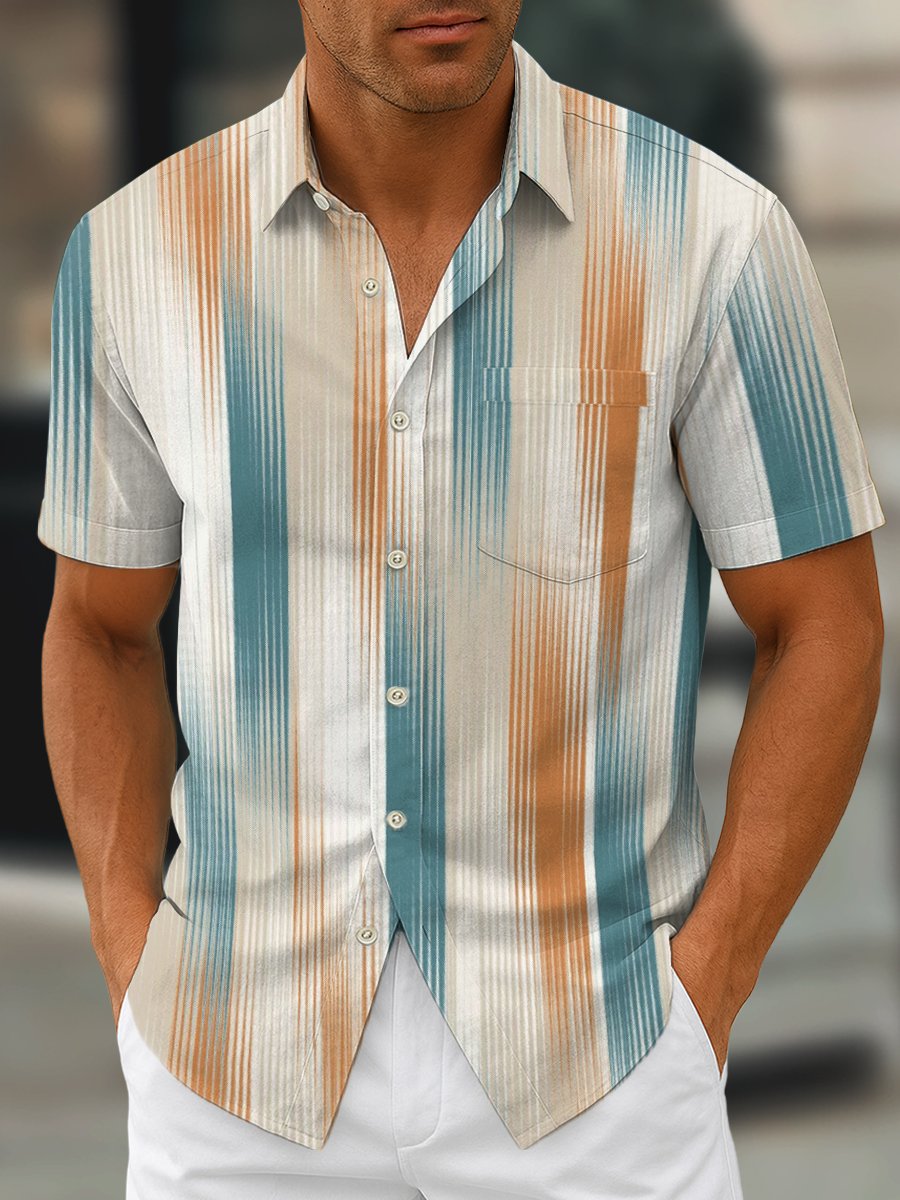 Camisa retro geométrico Art estampado solapa de manga corta para hombre
