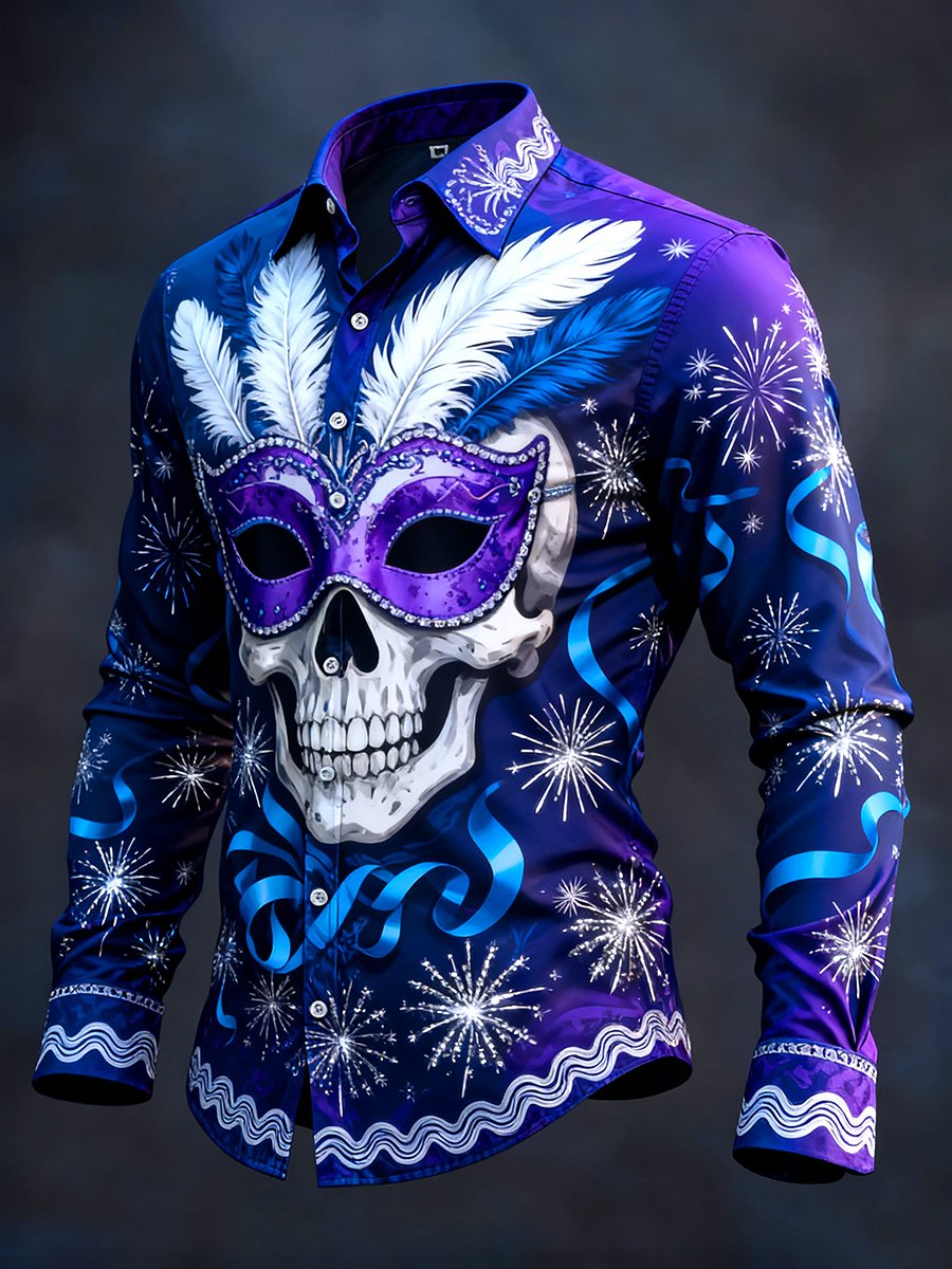 Camisa retro Carnival Skull de manga larga para hombre