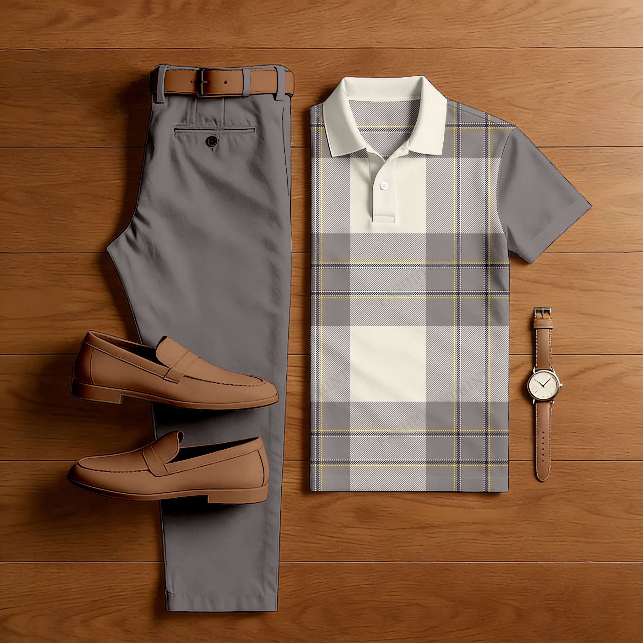 Conjunto de dos piezas casual Brown a cuadros estampado camisa polo And pantalón para hombre