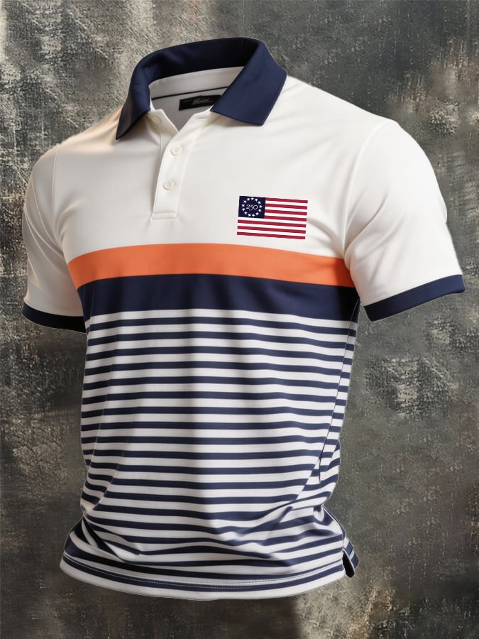 Camisa polo retro Patriotic Color-Block de manga corta para hombre
