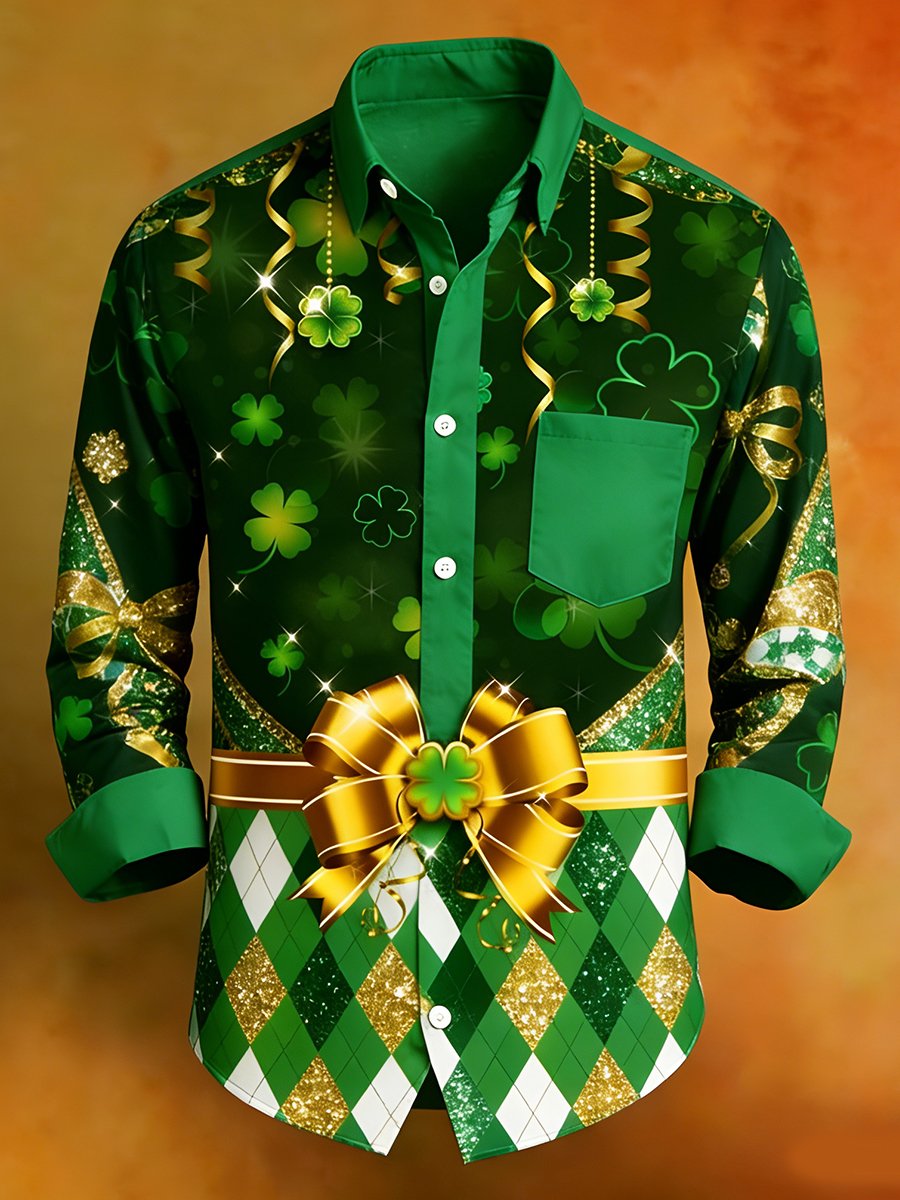 Ejecutivo de lujo St. Patrick's Day estampado de manga larga Pockecamiseta para hombre