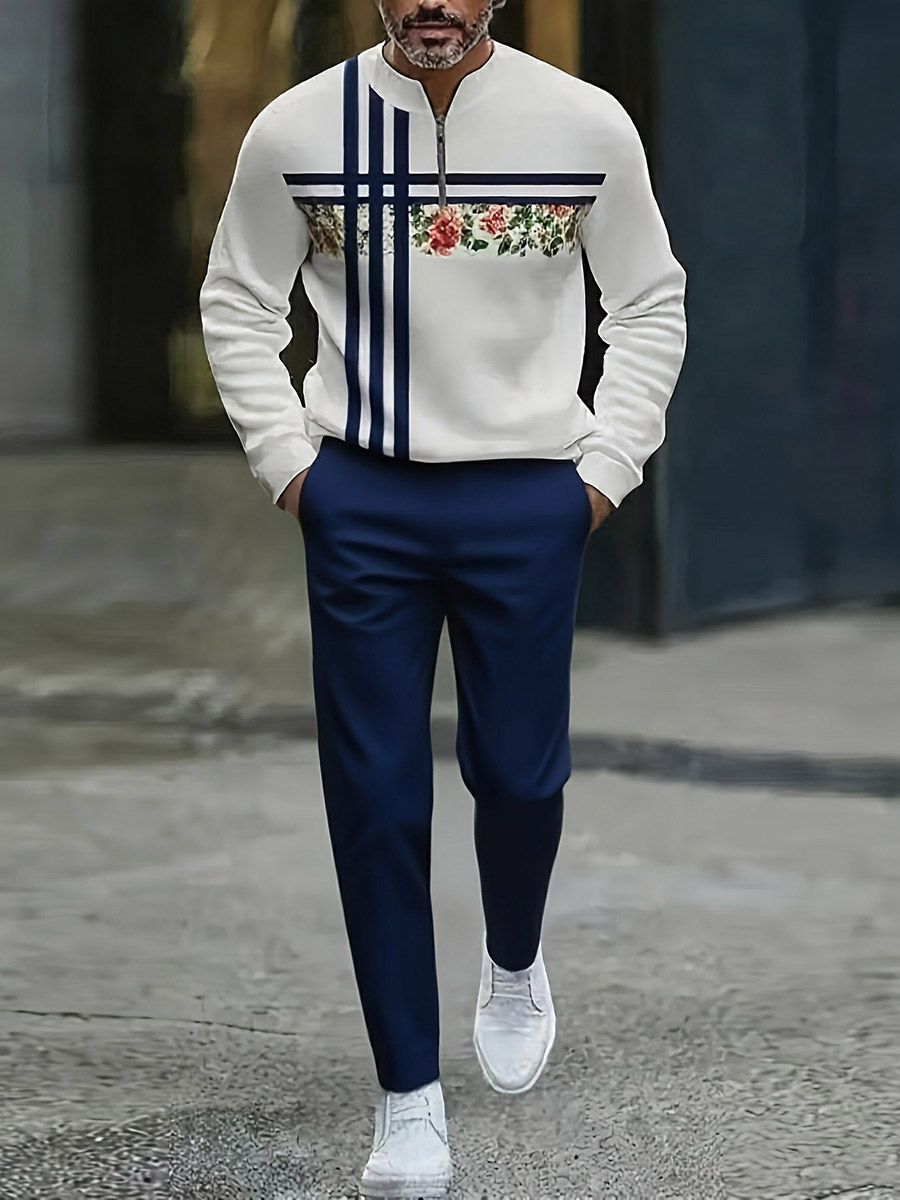 Conjunto de dos piezas casual Royal Blue & White Color Matching Geometric estampado Round-Neck Zipper de manga larga sudadera & Trousers para hombre