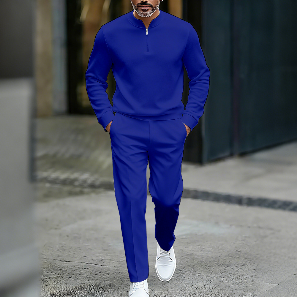 Conjunto de dos piezas casual de color sólido Round-Neck Zipper de manga larga Trousers para hombre