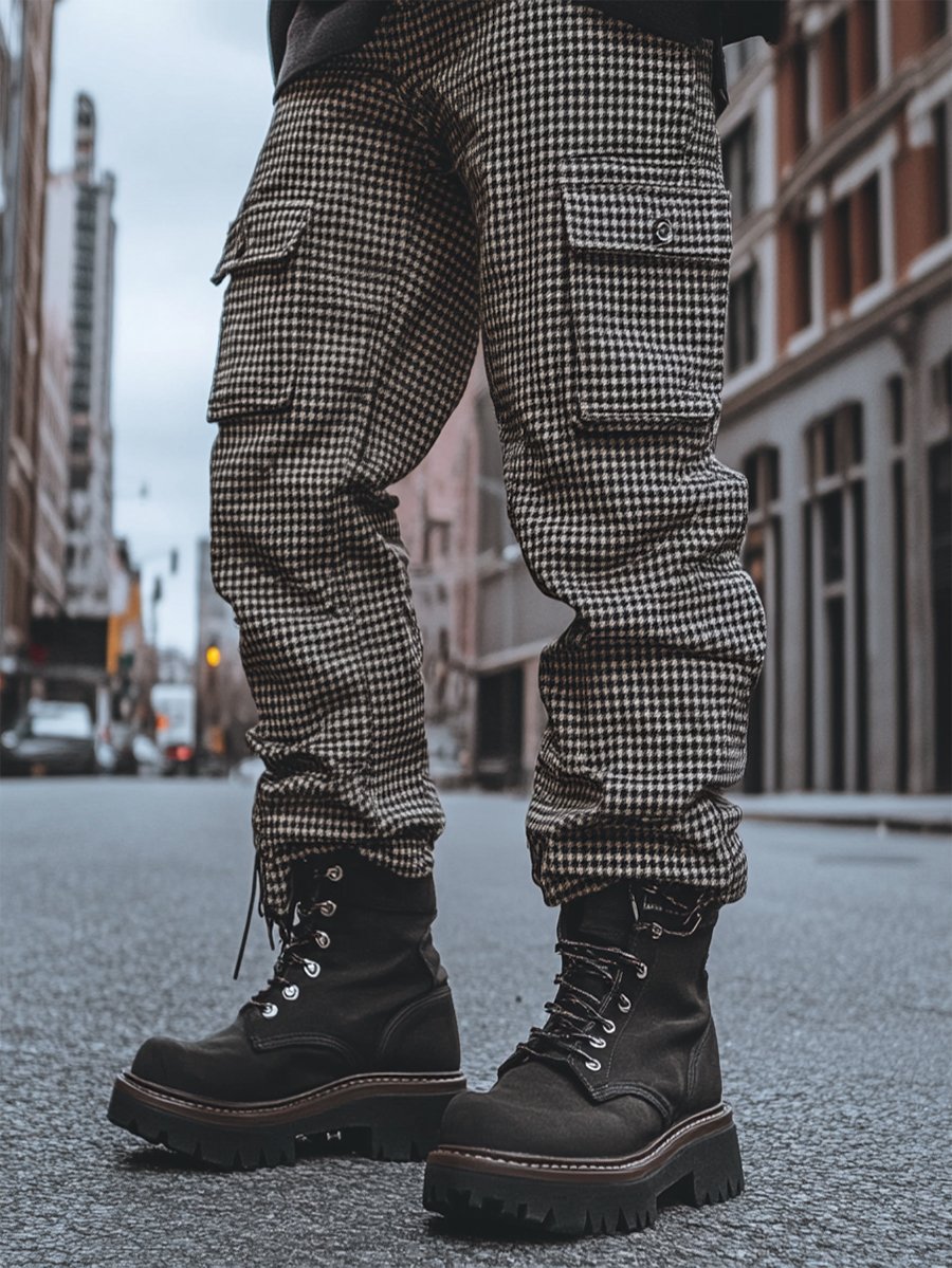 Vintage Houndstooth Multi-bolsillo Overalls para hombre