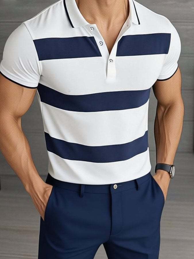 Camisa polo casual clásico a rayas estampado ejecutivo de manga corta para hombre - vista 1