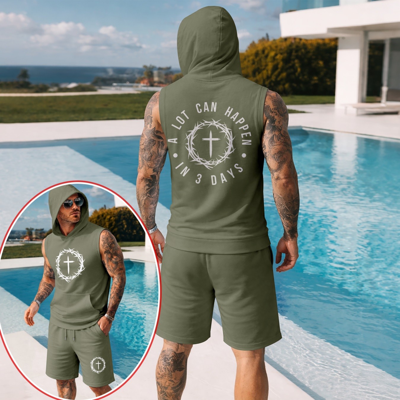 Sudadera con capucha Two-Piece Summer Set – Sleeveless & shorts with Faith Cross estampado, casual Sportwear, Athletic para exterior Outfit, Summer Street Style for Men, TikTok Hot Selling para hombre