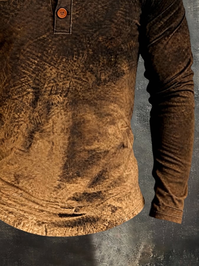Camiseta retro Stitching Contrast Color Henley cuello de manga larga para hombre