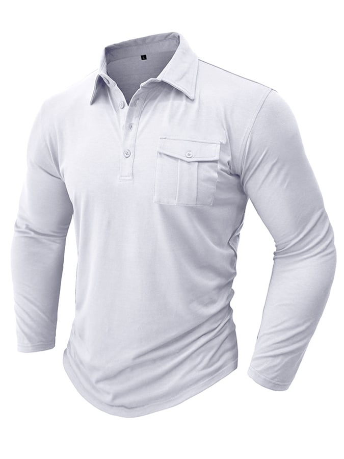 Camisa polo de color sólido de manga larga bolsillo para hombre