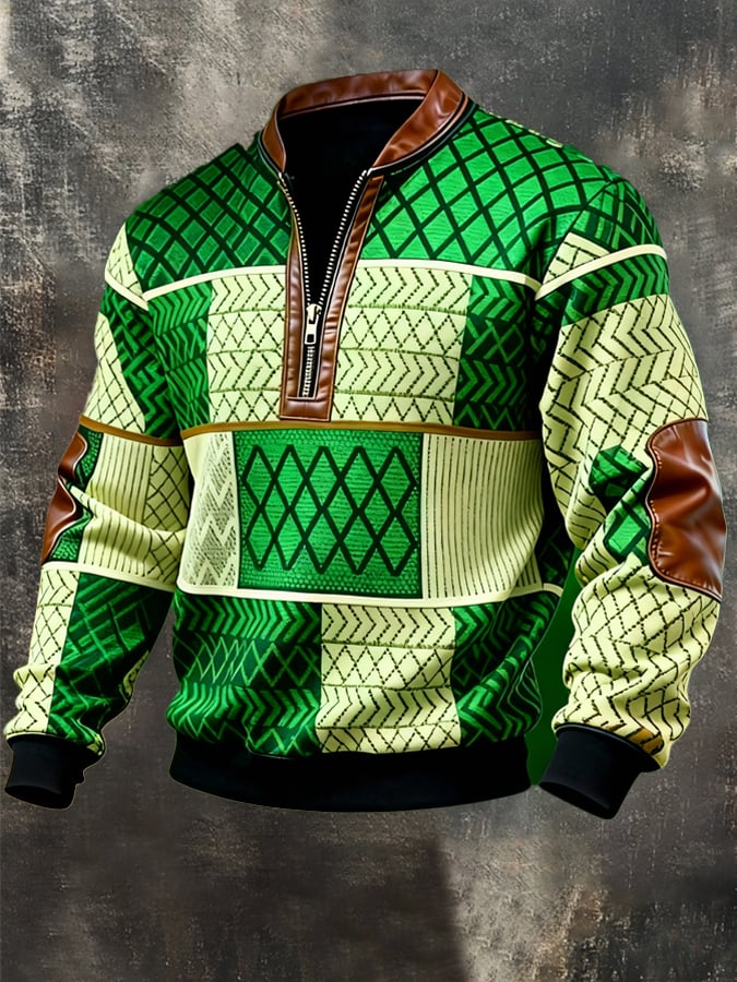 Sudadera (Detachable Shamrock Brooch Included) casual St. Patrick's Day Color-Block Half-Zip Stand-cuello de manga larga para hombre