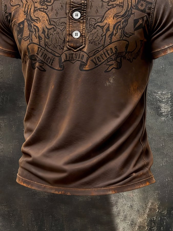 Retro estampado en bloques de color Henley cuello de manga corta Top para hombre