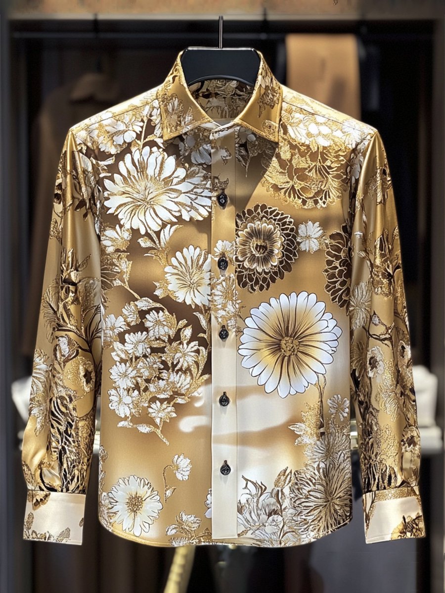 Camisa satén Luxe floral estampado de manga larga con botones para hombre