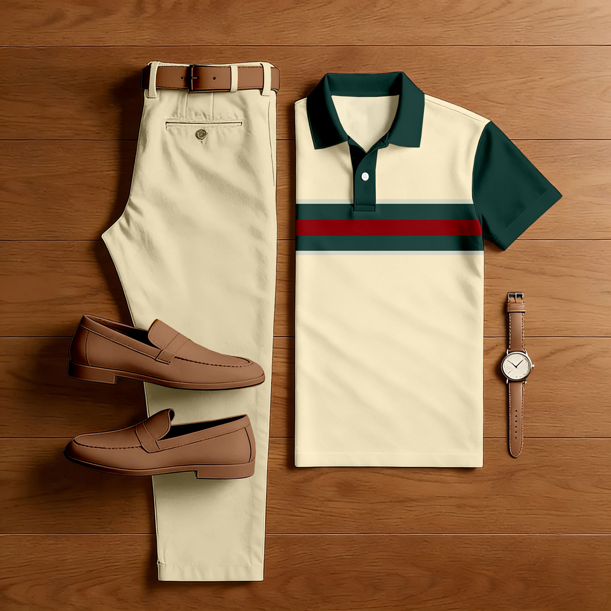 Conjunto de dos piezas casual Light Yellow & Green Color Matching estampado de manga corta camisa polo & Trousers para hombre