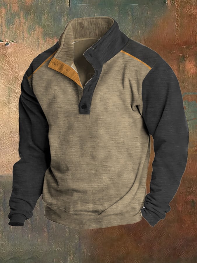 Sudadera polar retro Color Patchpara trabajo Stand cuello para hombre