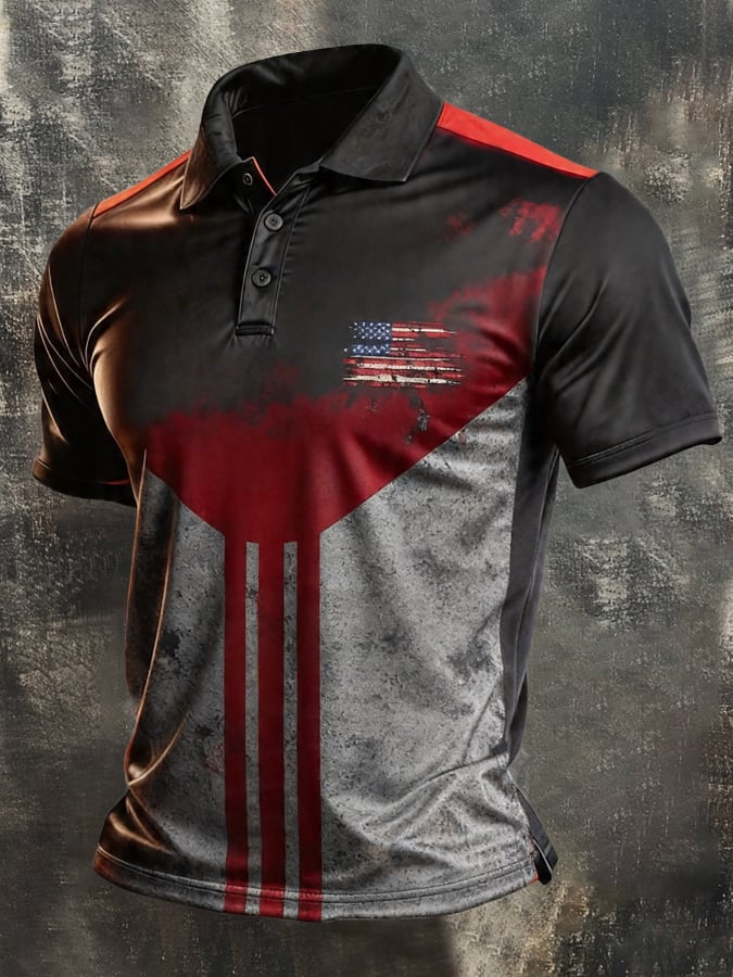 Camisa polo retro Patriotic Color-Block de manga corta para hombre