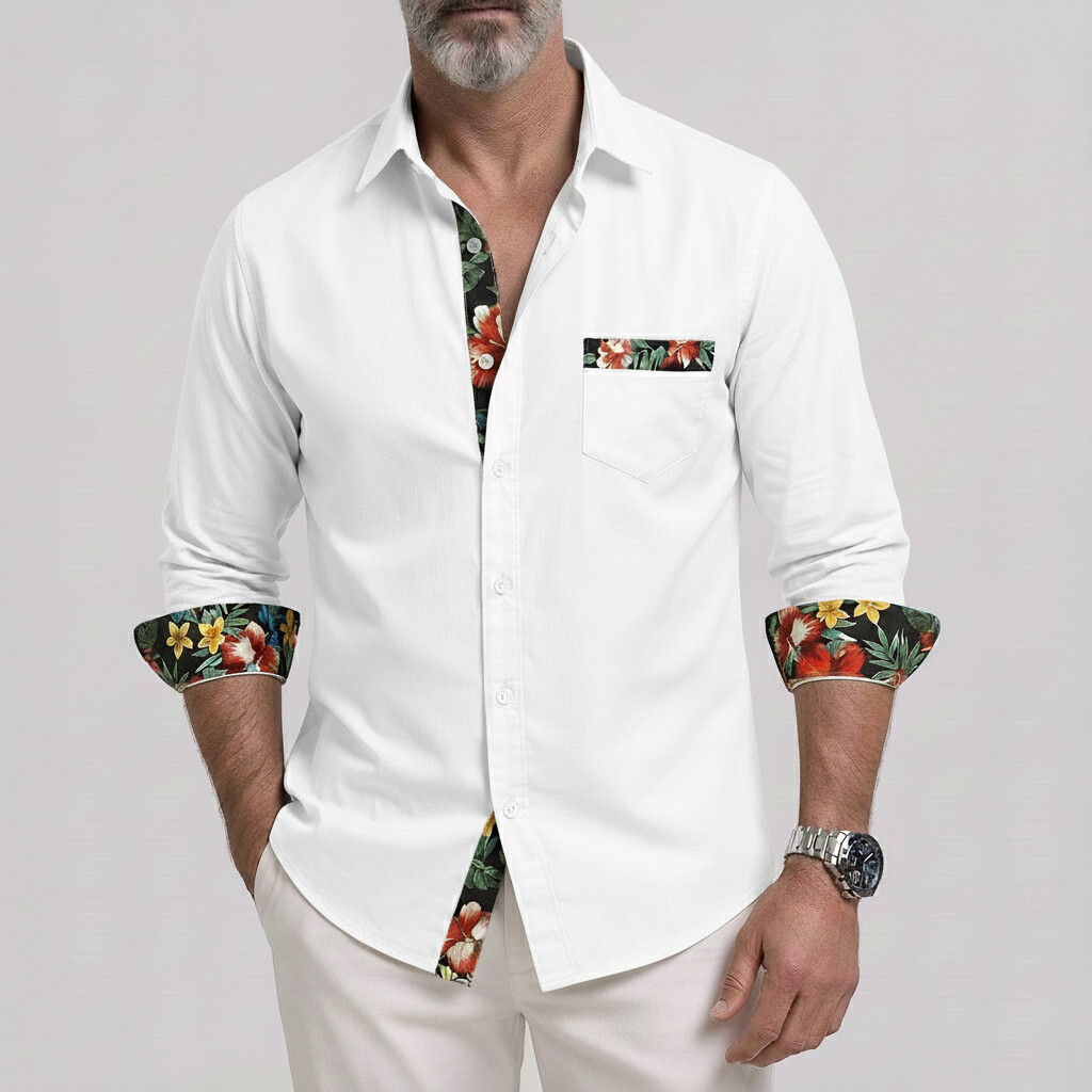 Camisa Tropical floral estampado Contrast Trim Patch Pocket Vacation de manga larga para hombre